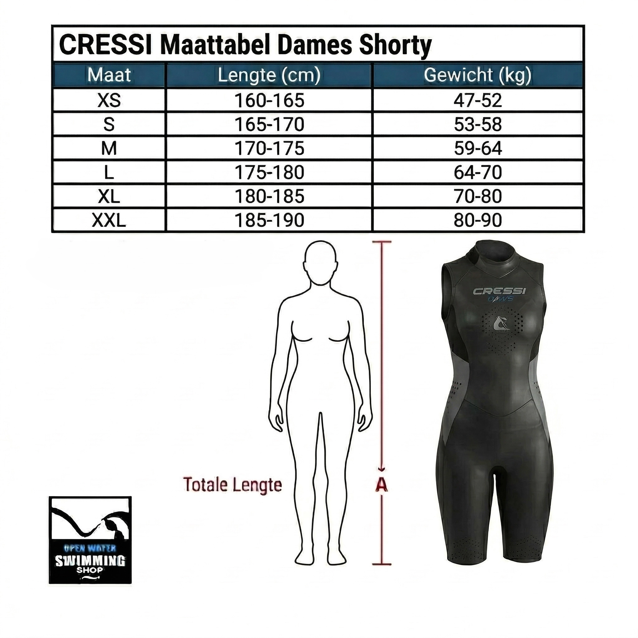 maattabel Cressi Kaito 2 mm Shorty Lady, een zwart dames wetsuit voor zwemtraining met een gladde hydrodynamische buitenkant.