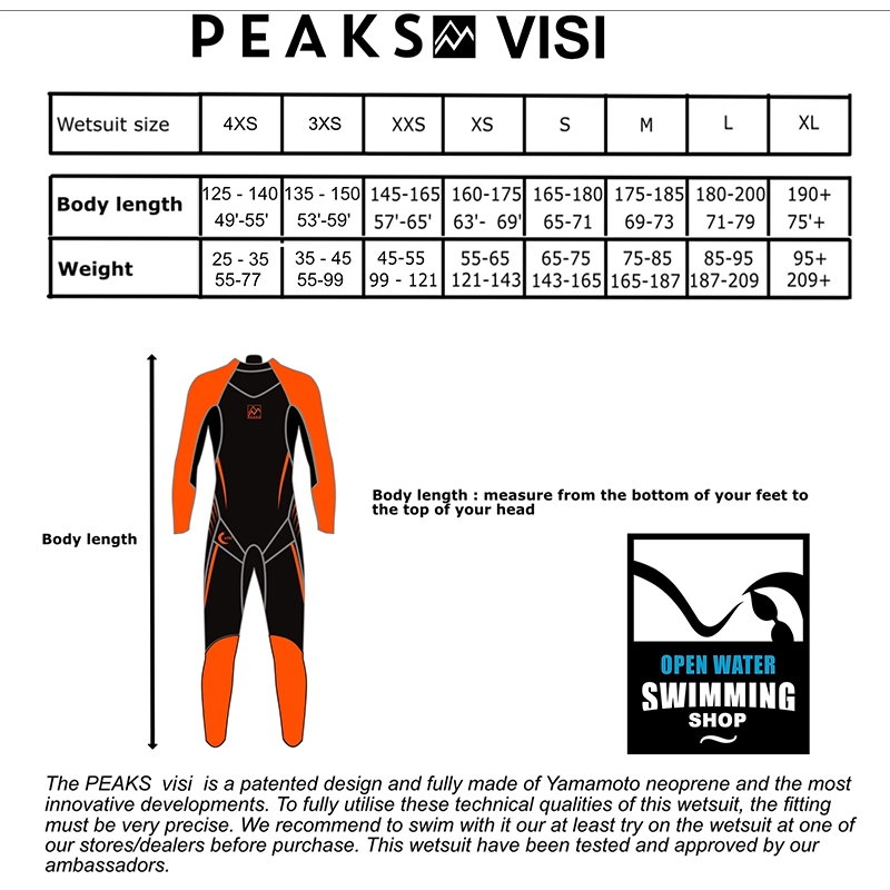Maattabel-PEAKS-VISI-Openwaterswimmingshop.nl