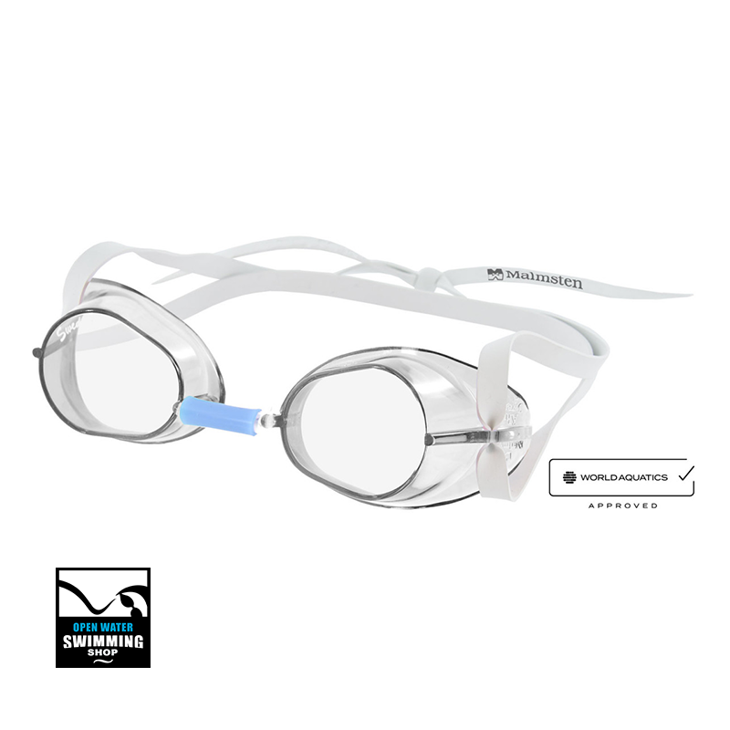 De originele Zweedse Malmsten Classic zwembril, minimalistisch en lichtgewicht, ideaal voor wedstrijdzwemmers.