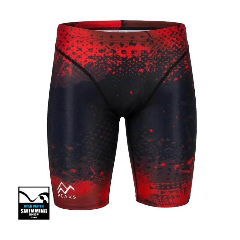 PEAKS Competitie Jammer Red Grid - zwart-rode geometrische wedstrijdzwembroek van duurzaam PBT"