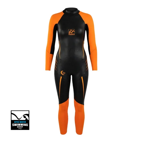 Peaks Visi dames wetsuit in zwart met opvallende neon details voor betere zichtbaarheid tijdens open water zwemmen.