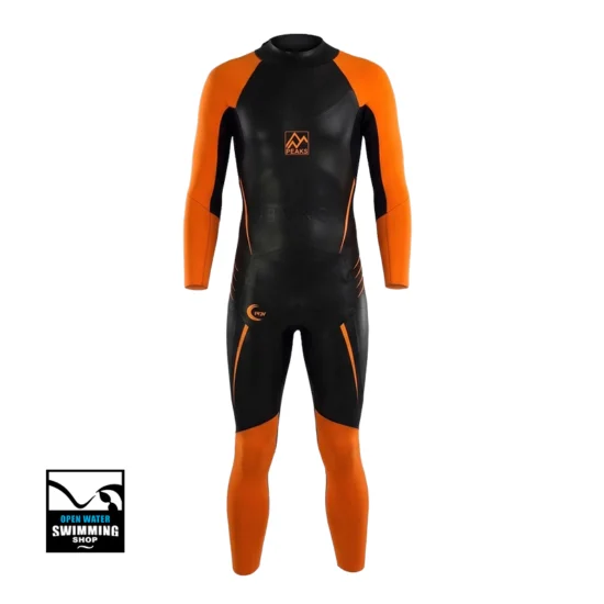 Peaks Visi heren wetsuit in zwart met opvallende neon details voor betere zichtbaarheid tijdens open water zwemmen.