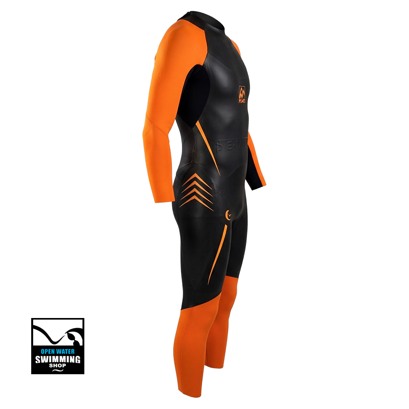 Peaks Visi heren wetsuit in zwart met opvallende neon details voor betere zichtbaarheid tijdens open water zwemmen.