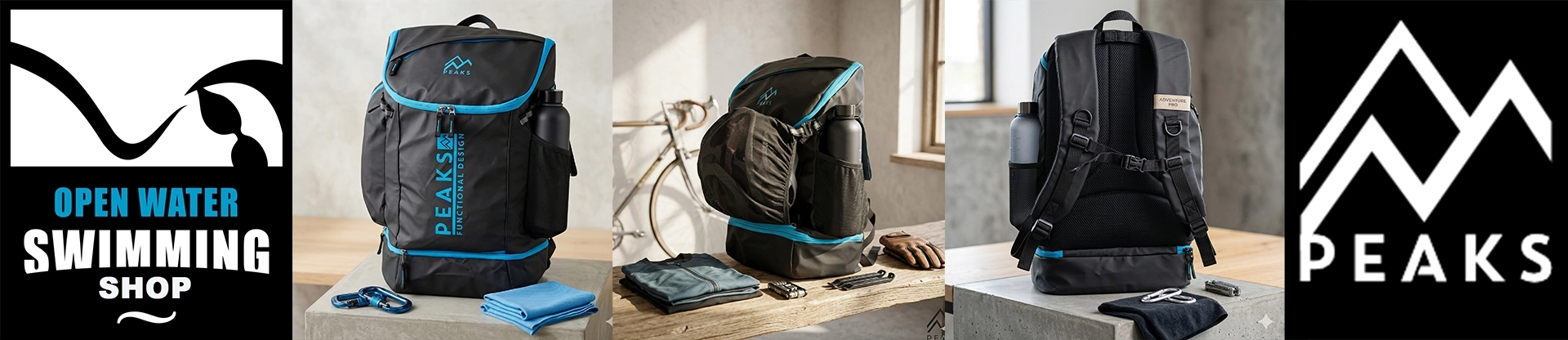 Zwarte Peaks Transition Backpack van 40 liter, een sportieve rugzak voor triatleten en zwemmers.